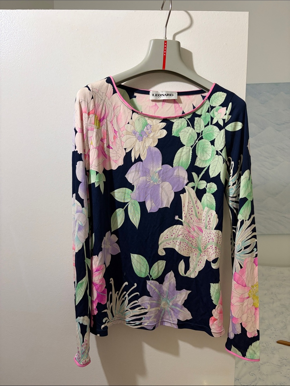 Leonard Navy Floral Long-Sleeve Blouse with Pink Trim